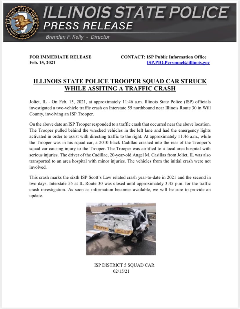 ILLINOIS STATE POLICE TROOPER SQUAD CAR STRUCK WHILE ASSITING A TRAFFIC ...