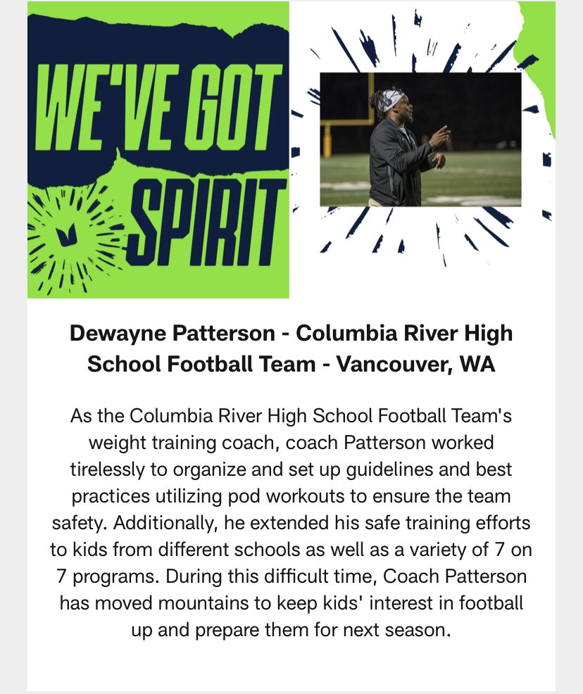 Congrats to Coach Patterson (DP) for being recognized by the <a href="/Seahawks/">Seattle Seahawks</a> for his efforts in the pandemic offseason.  We are blessed to have a staff that dedicates their lives to the program.  #guy #greatestplaceonearth #theriverway
