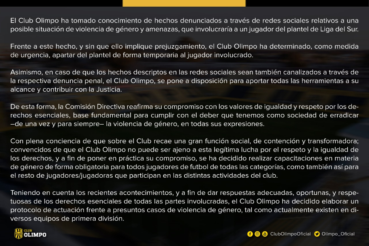Olimpo de Bahía Blanca decidió separar a un futbolista denunciado por violencia de género