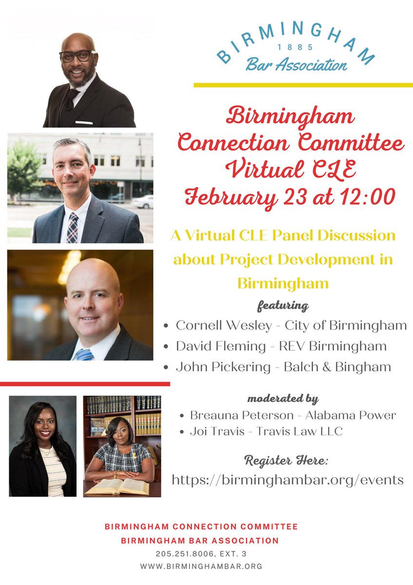 Don’t miss this great virtual CLE panel discussion on Project Developments in Birmingham - February 23 at 12:00. Please register here:  birminghambar.org/events