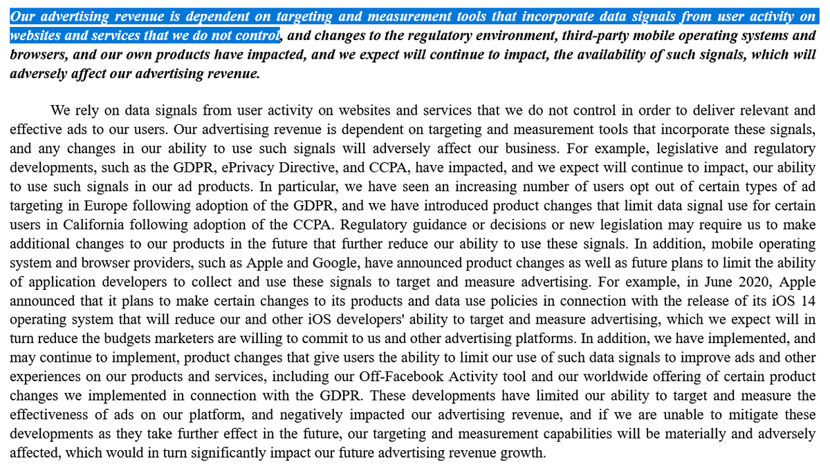 FB has access to massive personal information about its users. But this is not the whole story."We rely on data signals from user activity on websites and services we do not control"This disclosure in FB's SEC filing explains a lot: https://www.sec.gov/ix?doc=/Archives/edgar/data/1326801/000132680121000014/fb-20201231.htmHT  @PrivacyMatters