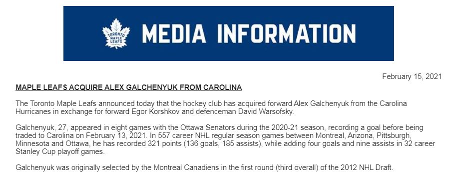 BREAKING have acquired forward Alex Galchenyuk from Carolina, per release. LeafsForever