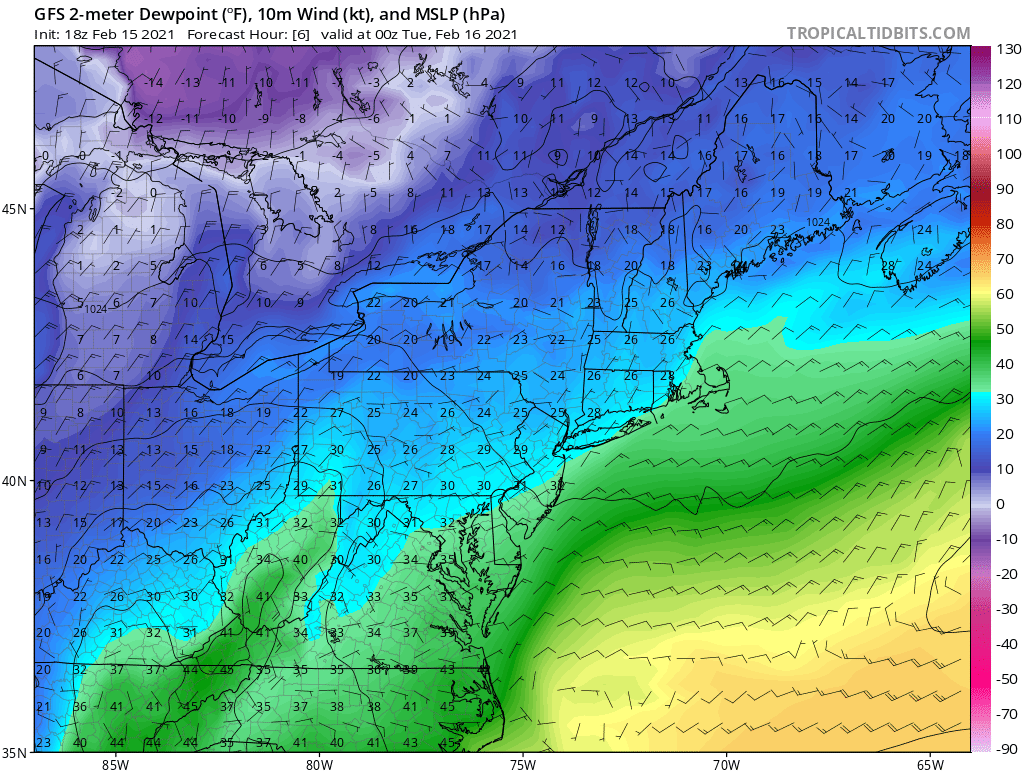 Look at the difference in dew points for this system compared to thursday. Right now we have dew points in the upper 20s to low 30s. (1st image) Thursday's system has dew points in the single digits (2nd image)
