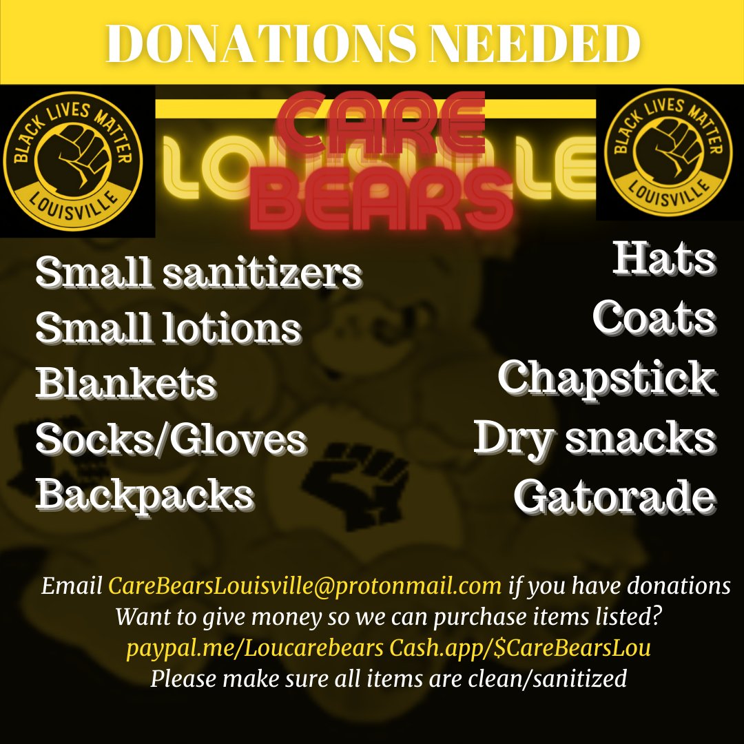 BLMLouisville's tweet photo. Mutual Aid is a ongoing 24/7 effort for #BLML
Here’s the current needs: https://t.co/Amyl0GsbEn