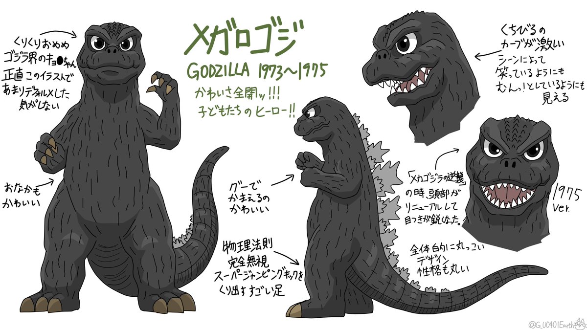 ゴジラのデフォルメイラスト練習シリーズ、
昭和中期~後期のゴジラも加わり、昭和作品が揃いました!!
そういえば、第1作のタイトルが「ゴジラ」で、昭和最後の映画のタイトルも「ゴジラ」なんですね。
#ゴジラ #Godzilla 