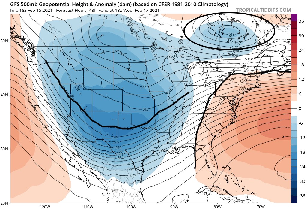 Note the tpv is gone, so the low pressure in the plains can really amplify and pump the se ridge. Look at where we are at. Tpv is over the lakes instead of well east of our area. This then knocks down the se ridge and causes the storm in the plains to be a bit more progressive