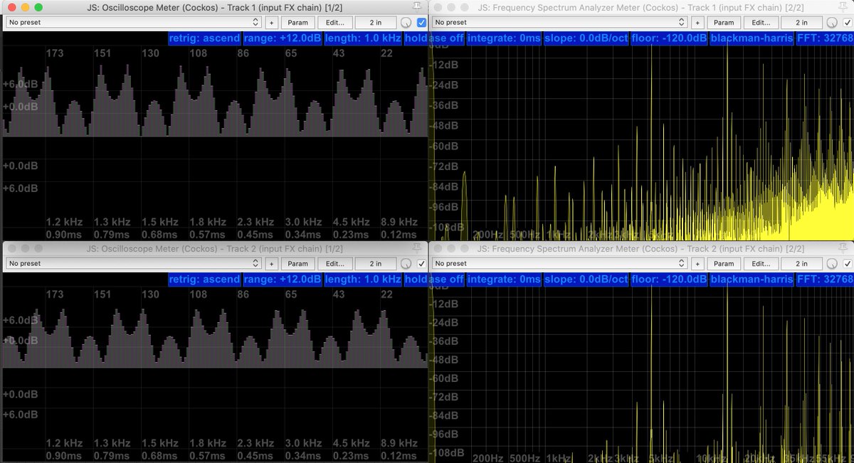 DarioSanfilippo's tweet image. Antialiased wavefolding applying first-order antiderivative antialiasing to acos() and sin() in: f(x) = acos(sin(πsin(x))).

 #computermusic #audioprogramming #dsp