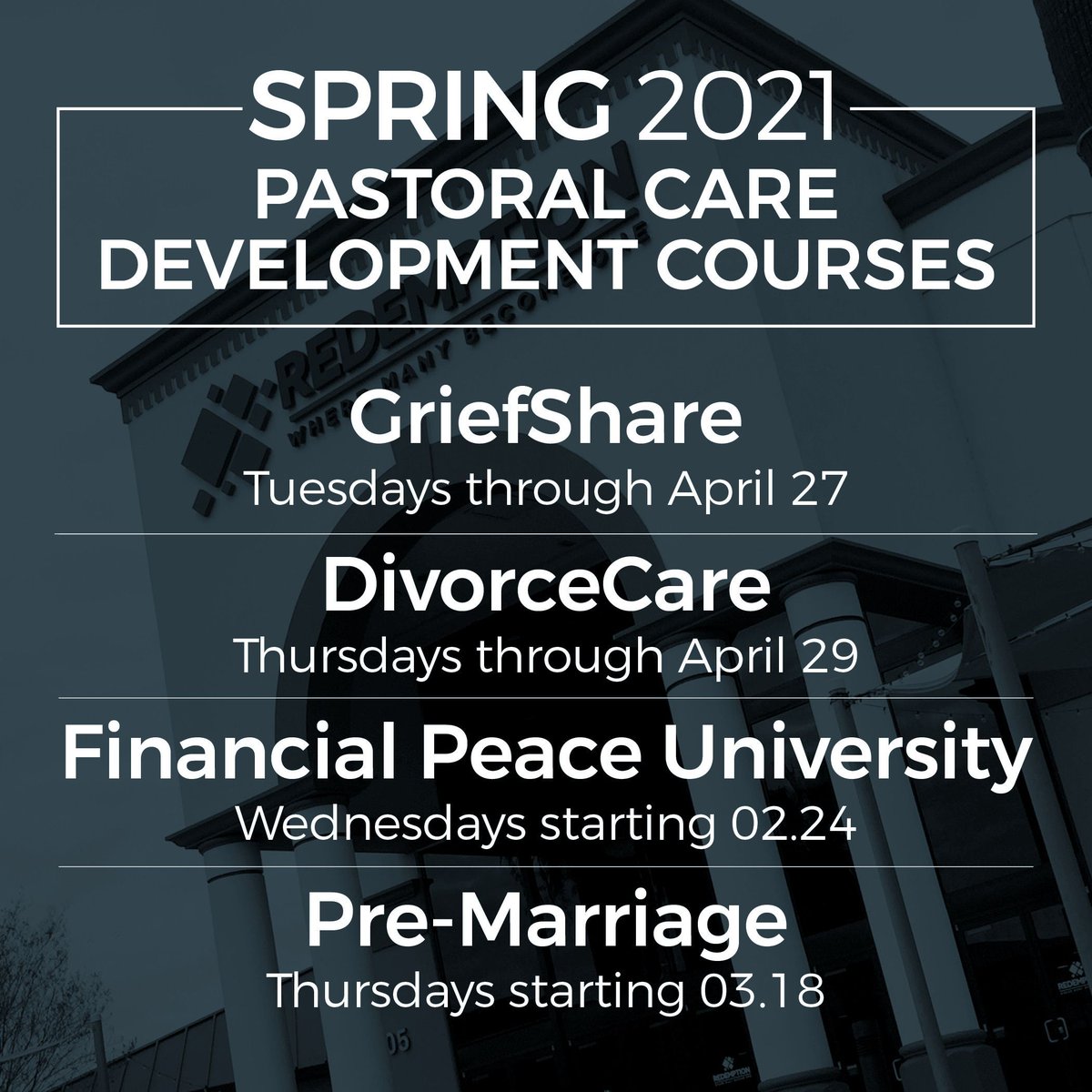 Have you lost a loved one? Maybe you’re going through a difficult divorce. Perhaps you need help managing money. Or maybe you want to be prepared for marriage? Whatever you need, we have classes designed to help you! For more info and to register, go to redemptionwest.com/#events!