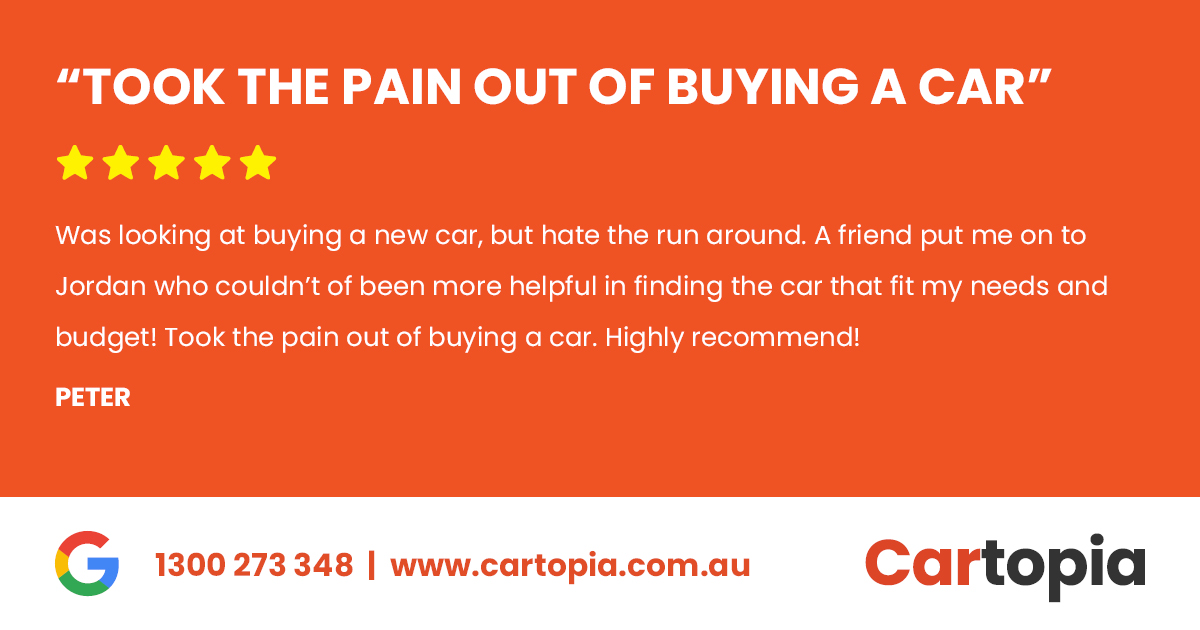✅ "TOOK THE PAIN OUT OF BUYING A CAR!" ✅
.
.
A  ⭐⭐⭐⭐⭐ review from one of our customers! Thank you for the kind review Peter!
.
.
Be sure to visit our new site cartopia.com.au today or get in contact with one of our friendly team members!