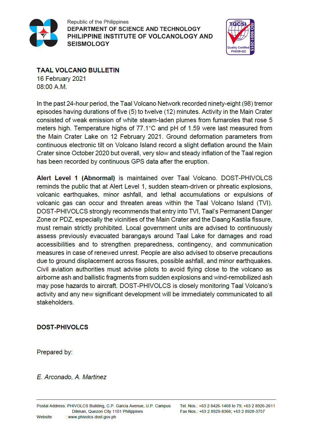 Phivolcs Dost On Twitter Taal Volcano Bulletin 16 February 2021 08 00 A M Taalvolcano Https T Co S6tp2dmlvm