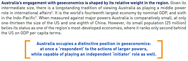 Geoeconomics poses many risks for Aus. As a very open economy, its wealth and security depends on trade and invest links to the world. And as a medium-sized country, it lacks the heft to “fight with heavyweights” in geoeconomic battles. /3