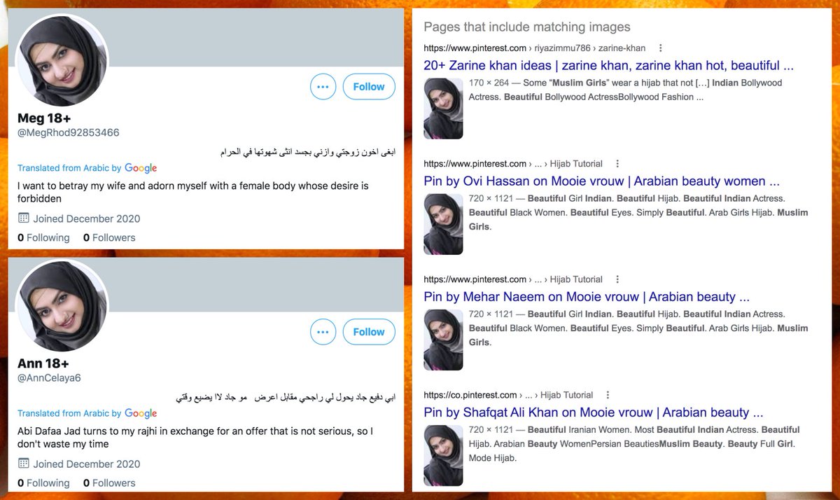 It's a great day to look at an Arabic-language pornbot network that uses stolen profile pics. This particular botnet sometimes uses the same pic on multiple accounts, occasionally cropped differently.  #MondaySpamcc:  @ZellaQuixote
