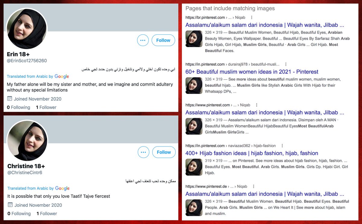 It's a great day to look at an Arabic-language pornbot network that uses stolen profile pics. This particular botnet sometimes uses the same pic on multiple accounts, occasionally cropped differently.  #MondaySpamcc:  @ZellaQuixote