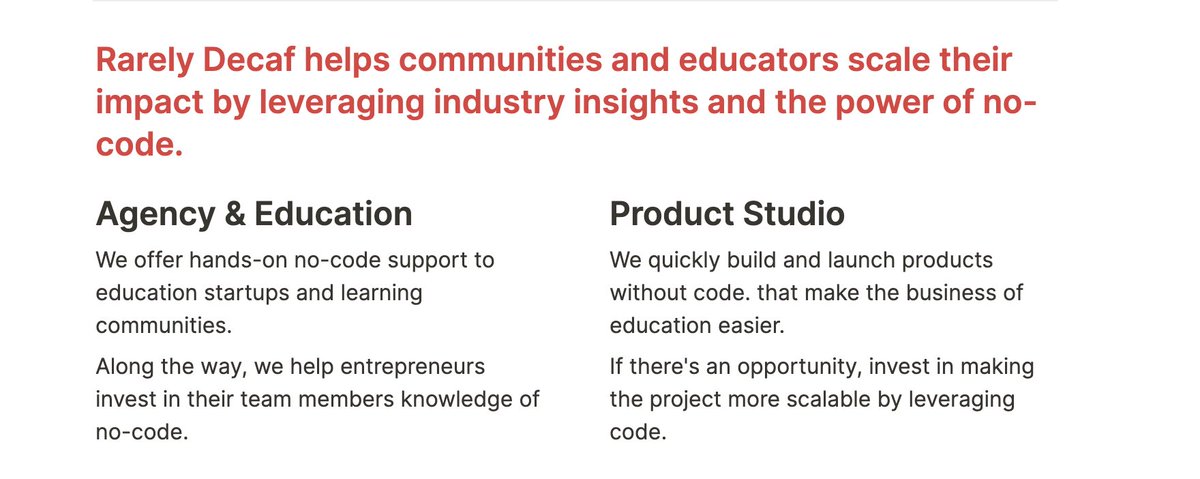 Of course, I'm still relentlessly curious about how I can best help democratize access to opportunity in education.That's why I'm launching  @RarelyDecaf: part agency, part education provider, and part no-code product studio to help education startups scale their impact.