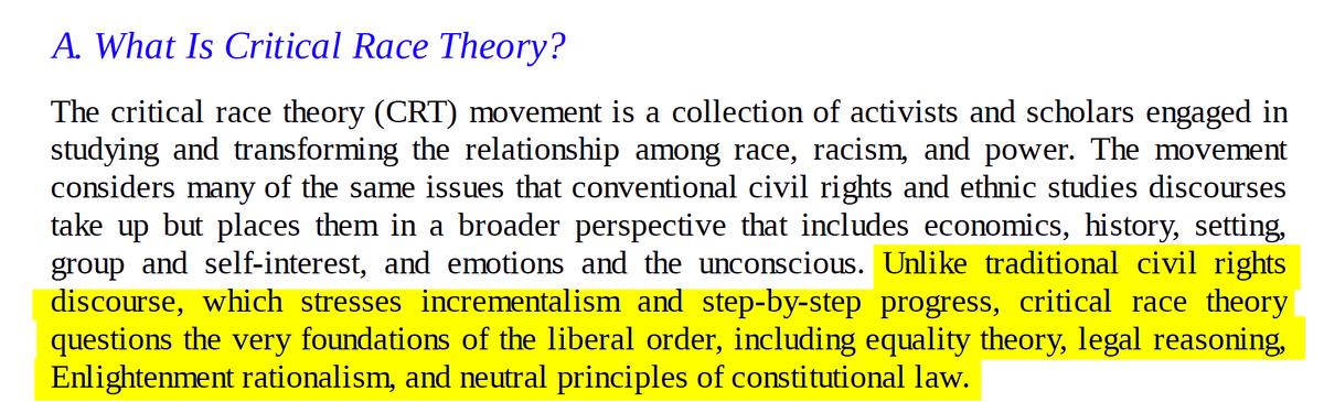So how is CRT DIFFERENT in its “reframing” of CIVIL RIGHTS? Well, it rejects∙ steady progress (for violent revolution)∙ liberalism∙ equality∙ reason ∙ neutrality∙ constitutionalism, specifically the American Constitution There is NO DOUBT this is ANTI-AMERICAN.
