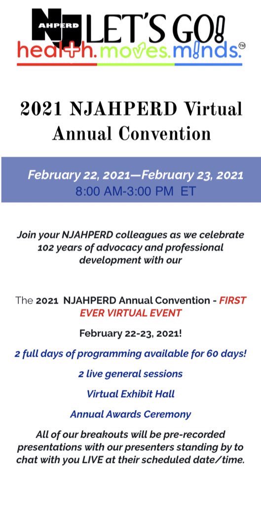The NJAHPERD annual conference is February 22-23. If you haven’t signed up already, you definitely should sign up soon! By attending the conference and showing proof you will get points for our club! web.cvent.com/event/25c6fb40…