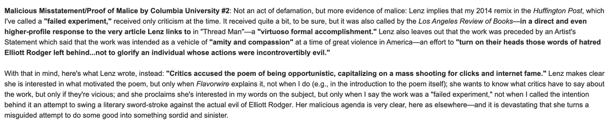 33/ (Intermission): Malicious Misstatement/Proof of Malice by Columbia University (#2)**I note in my email to the Columbia OGC several signs of malice in Lenz's article that are not themselves instances of defamation, but rather go toward motive, state of mind, and intent.