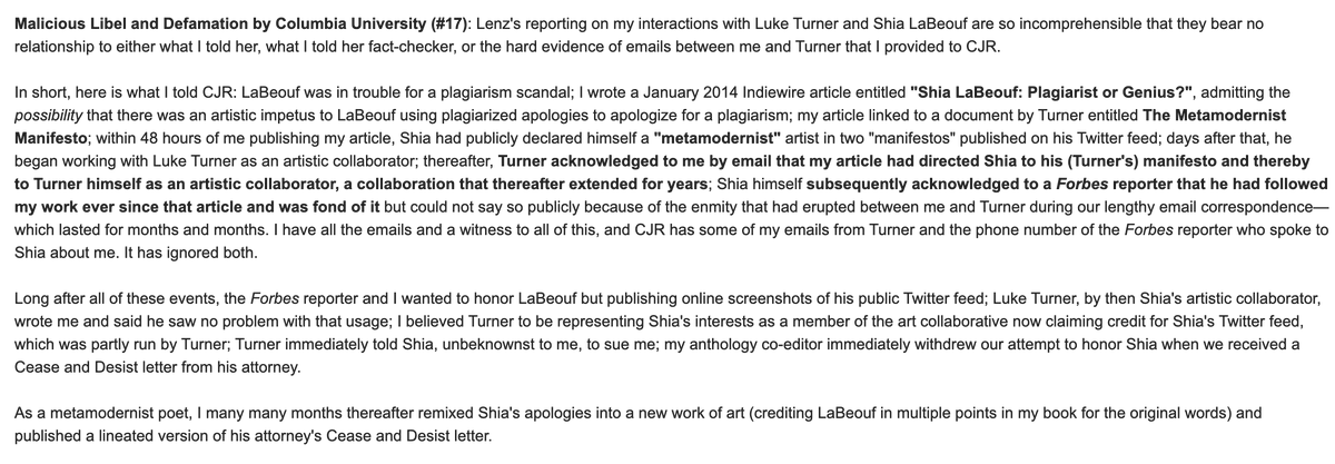 34/ Malicious Libel and Defamation by Columbia University (#17)This is the Shia LaBeouf part. It's long. So long that it's been divided into two screenshots. See the next screenshot for the conclusion of the LaBeouf story.