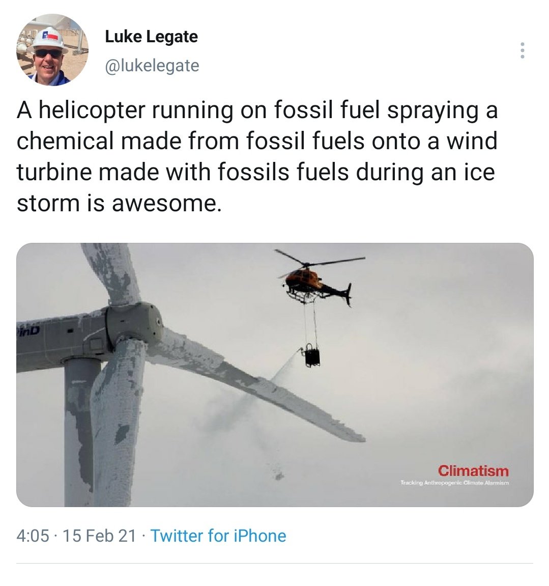 This particular lie is just off the charts at the moment.  @lukelegate, a fossil fuel industry PR consultant  @gfoxconsulting, has posted it, adding the fiction that it's taken during a storm to fit into the lie that Texas' blackouts are causes by frozen turbines. RTd by  @mattjcan.