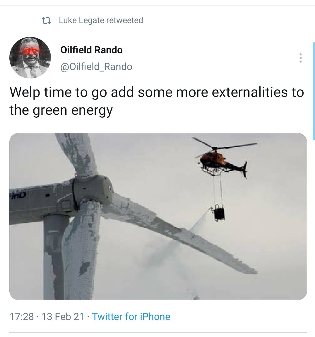 This particular lie is just off the charts at the moment.  @lukelegate, a fossil fuel industry PR consultant  @gfoxconsulting, has posted it, adding the fiction that it's taken during a storm to fit into the lie that Texas' blackouts are causes by frozen turbines. RTd by  @mattjcan.