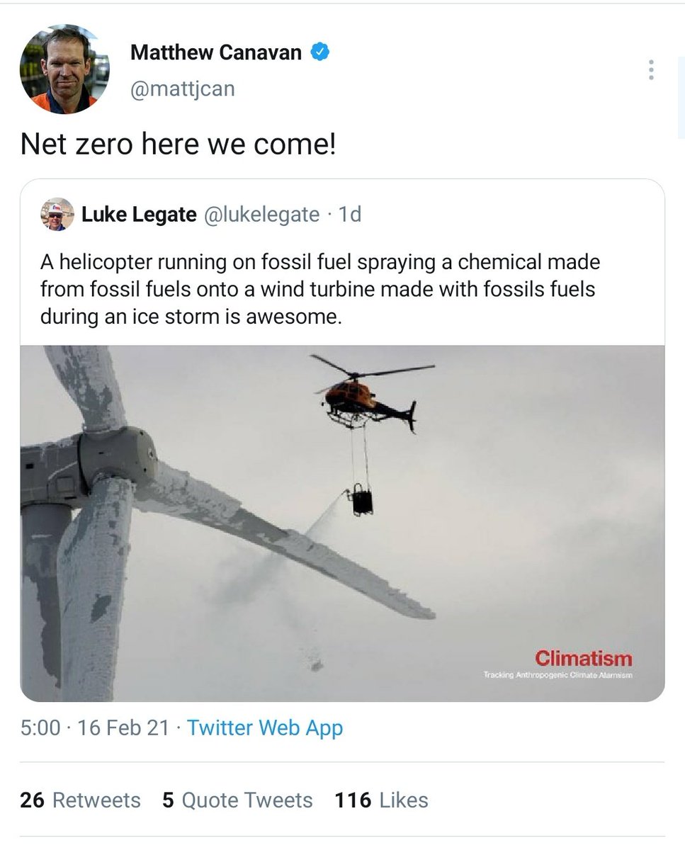 This particular lie is just off the charts at the moment.  @lukelegate, a fossil fuel industry PR consultant  @gfoxconsulting, has posted it, adding the fiction that it's taken during a storm to fit into the lie that Texas' blackouts are causes by frozen turbines. RTd by  @mattjcan.