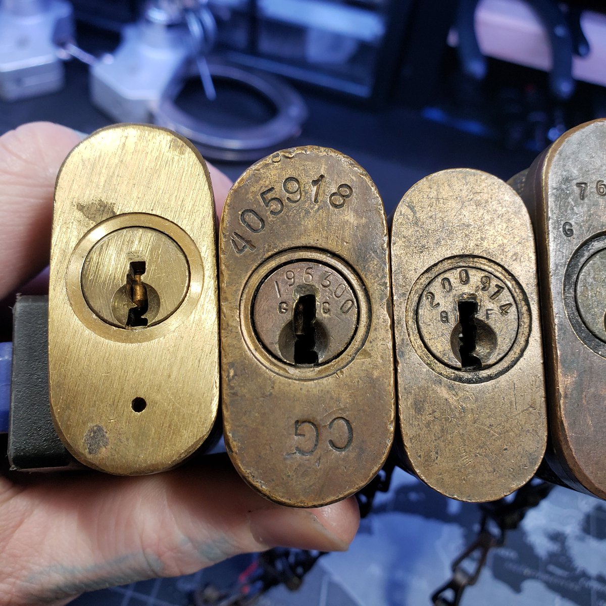 LockpickingDev's tweet image. The brass Yale padlock I have in key order that aren't normal Y keyways: GA, GC, GF, GG, GH, VC(59)