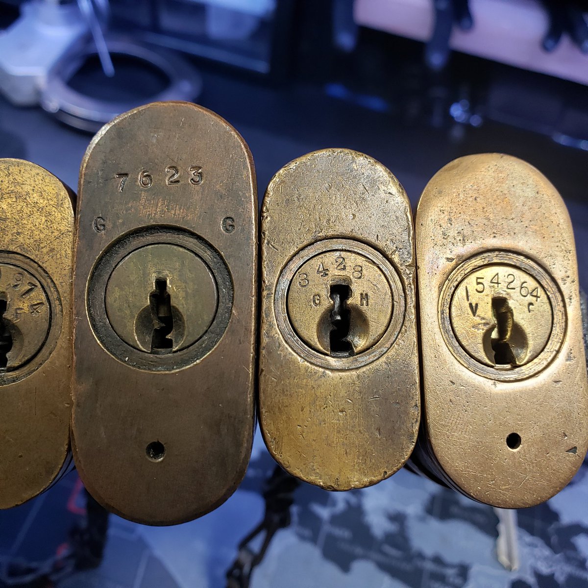 LockpickingDev's tweet image. The brass Yale padlock I have in key order that aren't normal Y keyways: GA, GC, GF, GG, GH, VC(59)