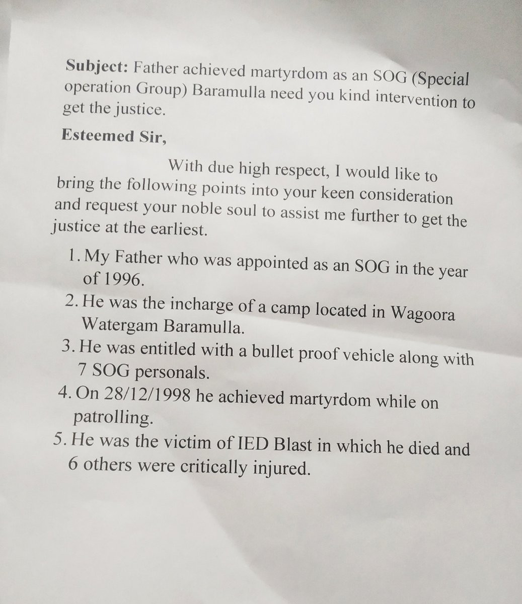 Tanveer65775290's tweet photo. @DextralGupta @smritiirani @smritiirani     Sir My father sacrificed his life for nation.He was martyred by IED blast in 1998.working s O g 

My sro 43 case is still pending in the office of DC office baramulla.i hope i  will hear my grievance kashmir @AmitShah   @manojsinha_ https://t.co/IOmDb7dkcV