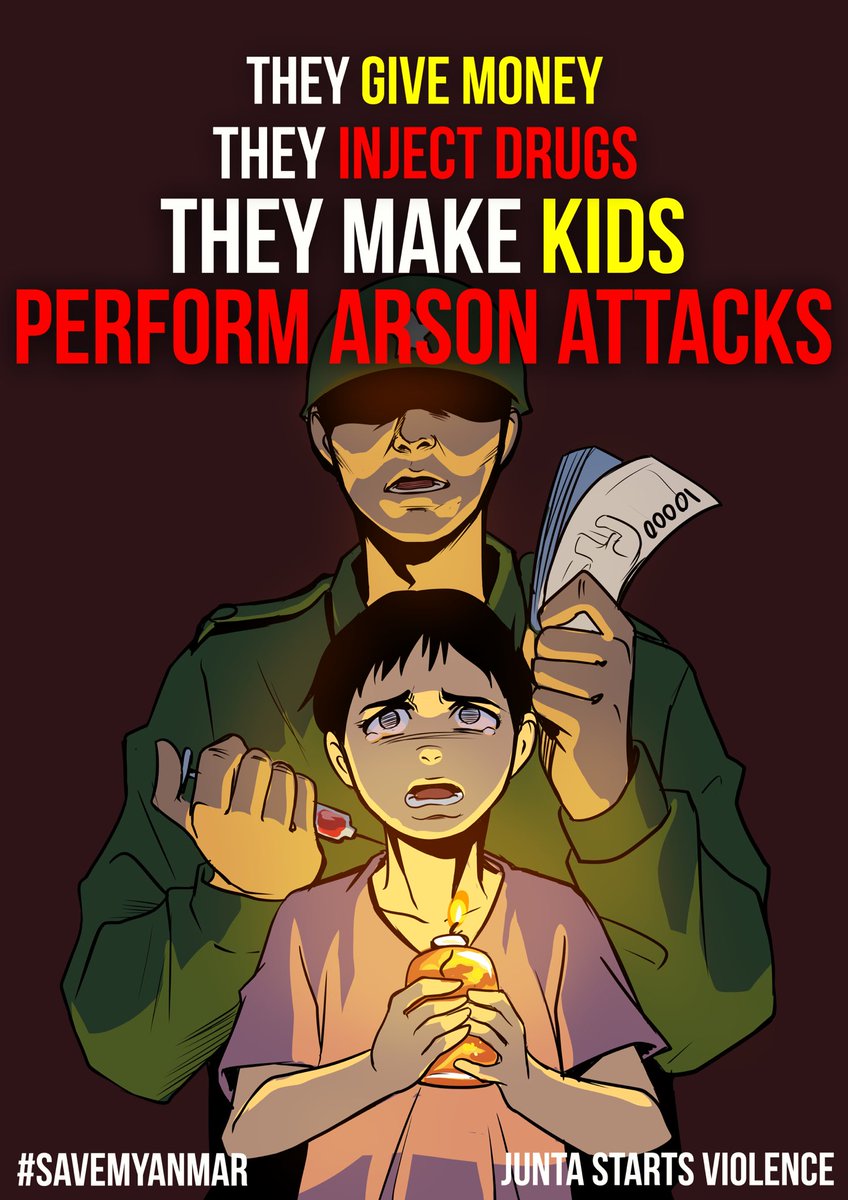 WE ARE NOT SAFE !

Myanmar Military has been drugging kids to use in cruel jobs like burning down the houses. This is clearly violating the children's right.
The corrupted military leaders must be taken down before everything's too late.

#WhatsHappeningInMyanmar 
#HumanRights