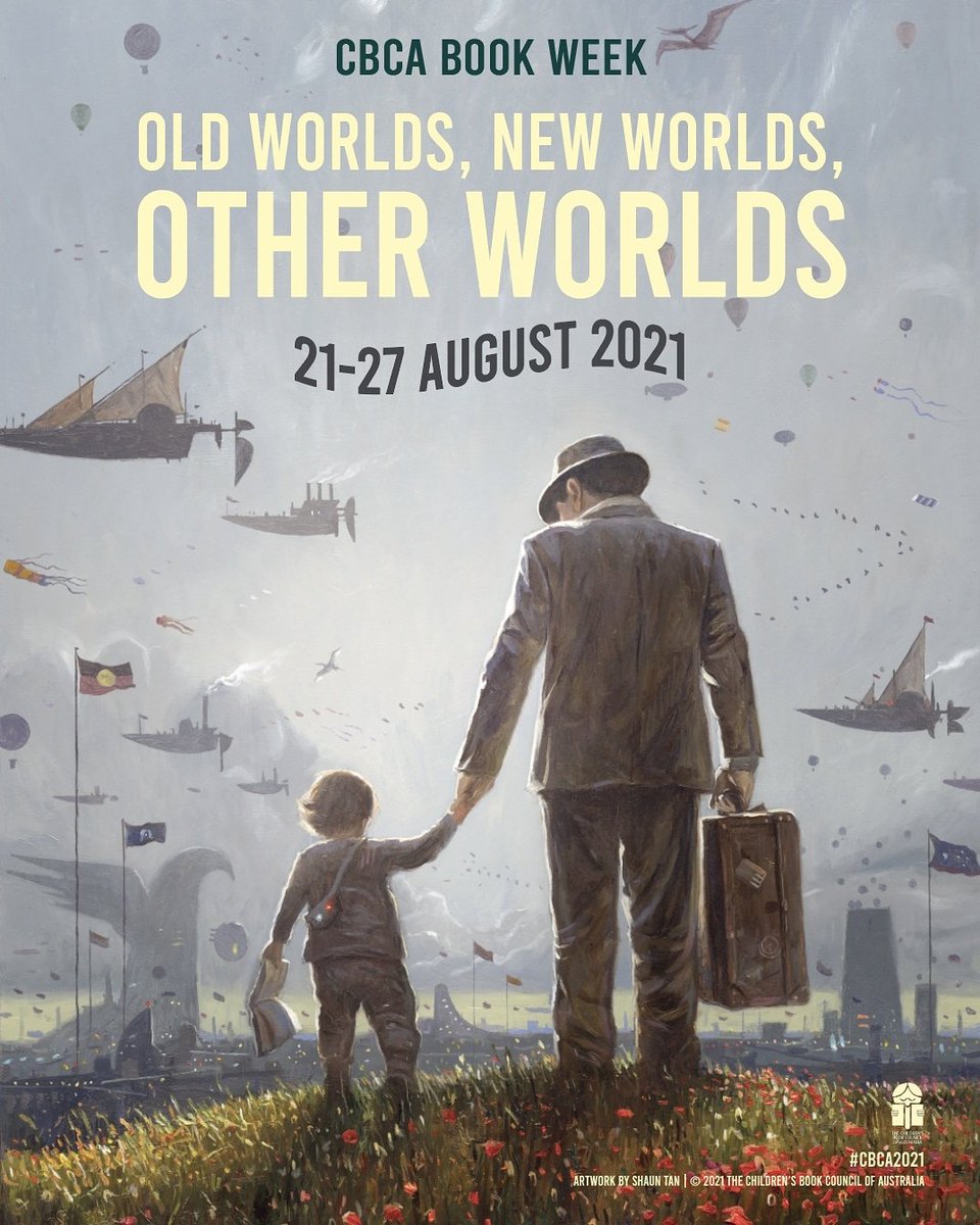 Today we release of the official CBCA Book Week 2021 merchandise range! This year award-winning author, illustrator and film-maker Shaun Tan has illustrated the 2021 theme, 'Old Worlds, New Worlds, Other Worlds'. Merch available from 12 noon AEDT 26 Feb. #CBCA2021 #OWNWOW