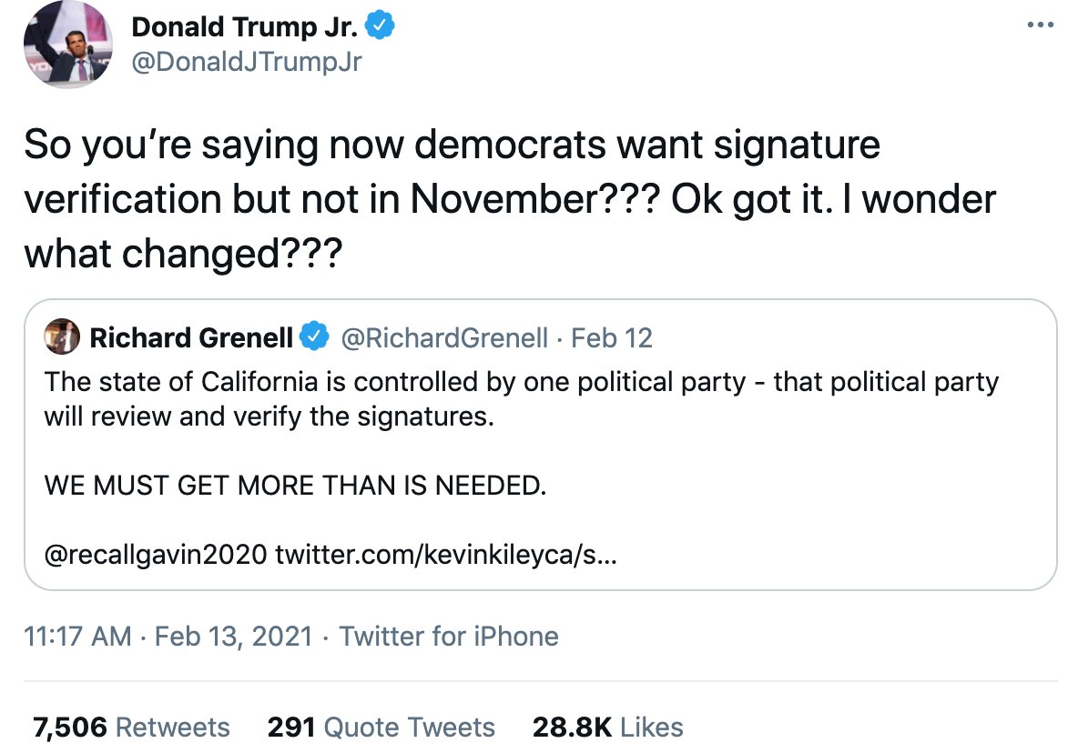 A day later the game continues with the lie in this Don Jr Tweet.California does signature verification on ALL:-vote-by-mail ballots-initiative/referendum/recall petitions-candidate nomination documents