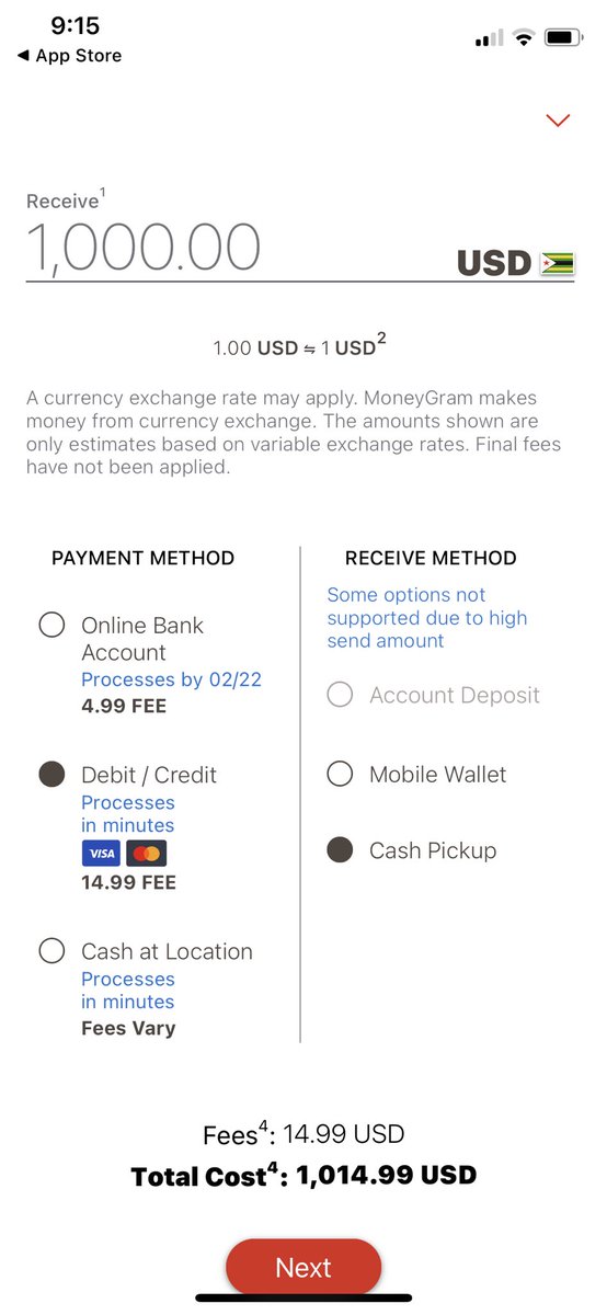 Here are charges from  @WorldRemit &  @MoneyGram is a little cheaper but it’s still over 10% if one uses the debit/credit card option. Paying via bank account would process in a about 7 days which is cray.