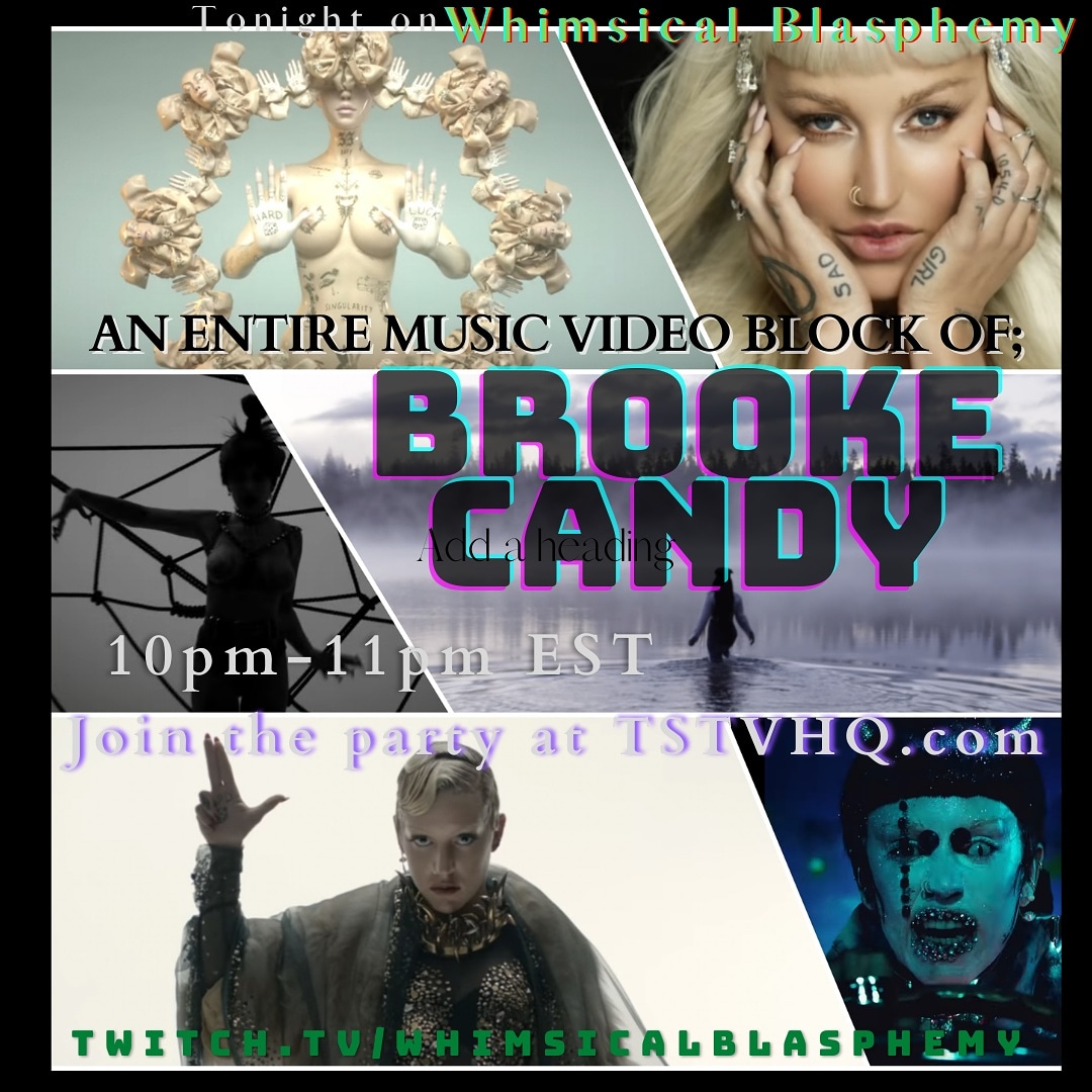 A #Lupercalia treat! Playing a full block of motherfucking @brookecandy music videos tonight at @tstvhq! She is my favorite artist. Not enough Satanists are aware of how delicious & deranged her videos are, I must show you. 🖤 #fagmob #HailSatan