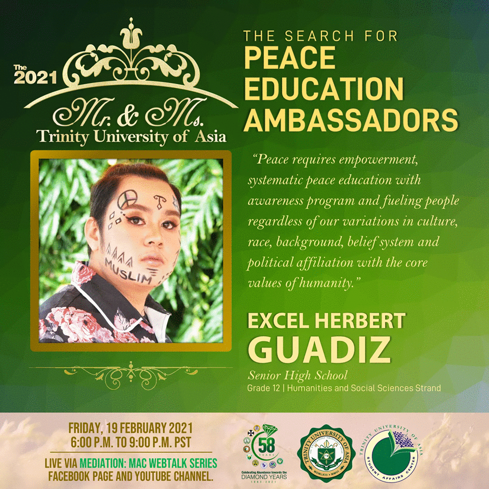 tuashsslc's tweet photo. In this coming Mr. and Ms. Trinity University of Asia 2021 (Peace Education Advocacy) on Friday, February 19, 2021, 6 PM. https://t.co/57fn52mjaR