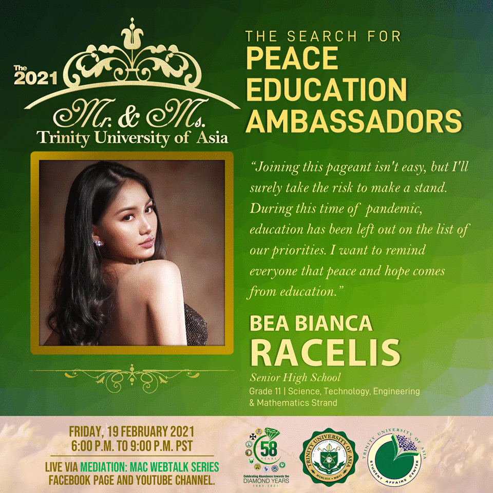 tuashsslc's tweet photo. In this coming Mr. and Ms. Trinity University of Asia 2021 (Peace Education Advocacy) on Friday, February 19, 2021, 6 PM. https://t.co/57fn52mjaR