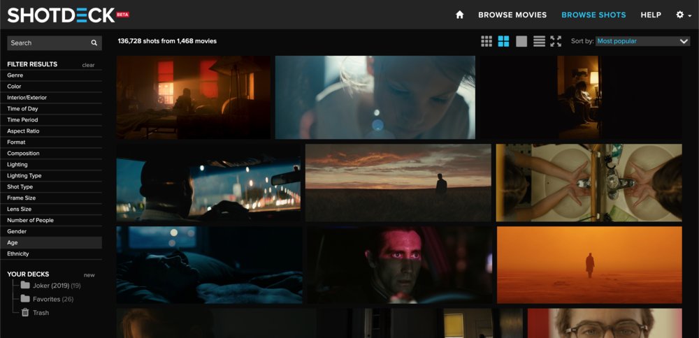 Do you know about SHOTDECK? It& #39;s an awesome resource where you can search for films by genre, color, time of day, lighting, shot type, lens size, time period, number of people, focal length, age, ethnicity, and more. It& #39;s a great reference for artists and filmmakers.
