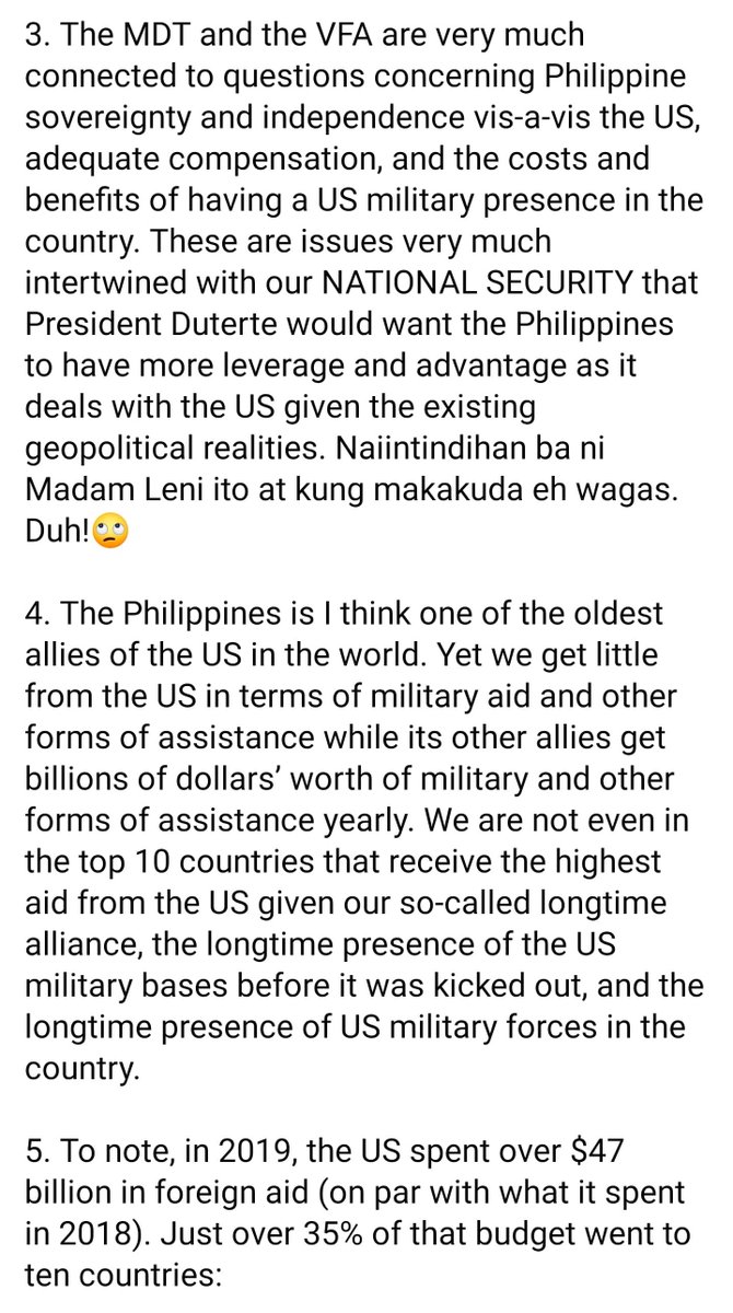 AnnaMalindogUy's tweet image. Hello mga Ka-bansa, here’s my initial commentary sa sinabi ni Madam Leni, “parang extortion, parang Kriminal lang,” on the issue of VFA dun sa sinabi ni PRRD na “dapat magbayad ang Amerika.” This quoted from my FB post. The rest of my commentary sa up-coming article ko.  
#ProPh