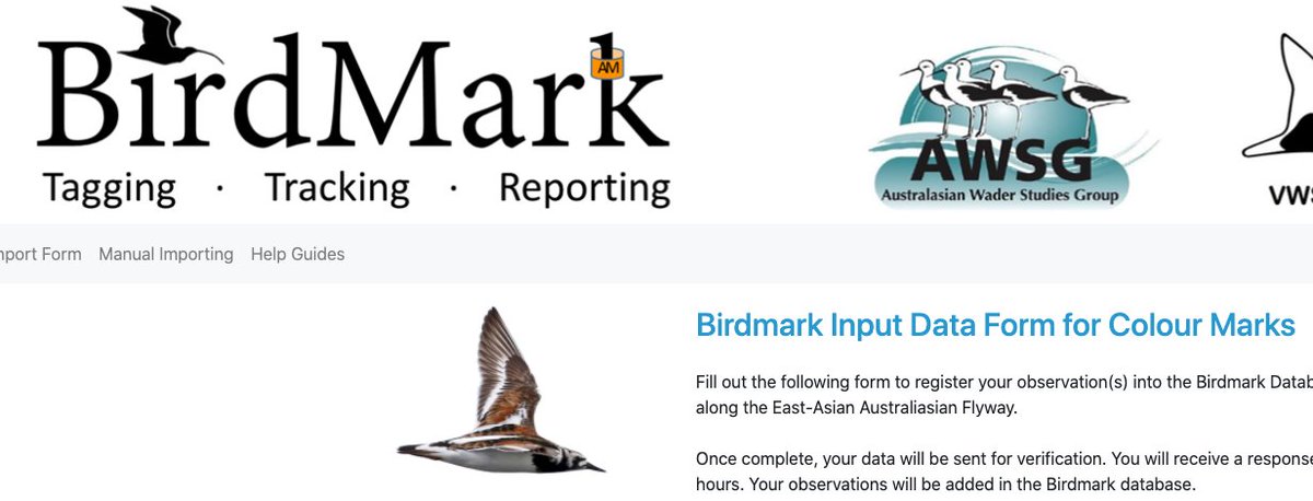 Victorian Wader Study Group (@vwsg_web) on Twitter photo Thanks to the amazing work of so many people, we are really pleased to share the new portal for sharing colour bands and flags on waders along the EAAF!
You can find the BirdMark portal here: vhost2009.hosted-sites.deakin.edu.au/importing/impo… Thanks to the amazing work of so many people, we are really pleased to share the new portal for sharing colour bands and flags on waders along the EAAF!
You can find the BirdMark portal here: vhost2009.hosted-sites.deakin.edu.au/importing/impo…