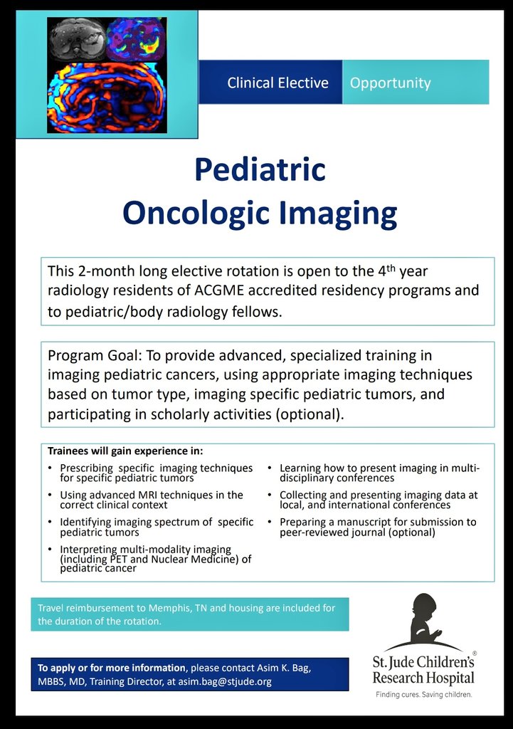 Hey #radres #neurorad #pedineurorads #pedrads interested in rotation in peds neuro onco and body imaging at the foremost centre in cancer care @StJude. Contact Dr Asim Bag for more information..