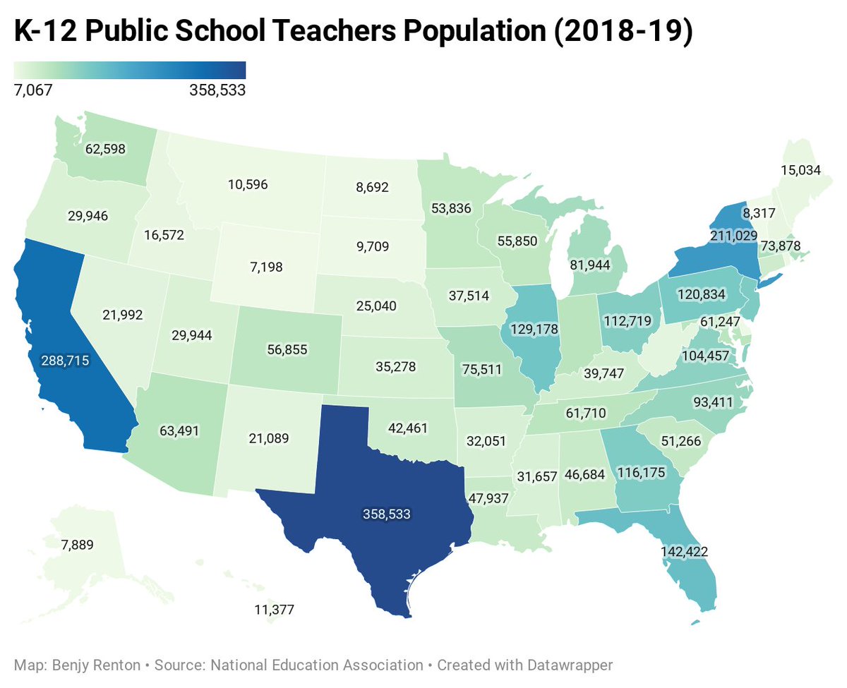 Here is a map with the absolute number of public school teachers by state (NEA data only available for public schools).