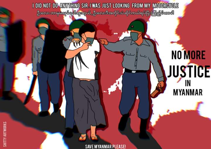 This man was just standing near his bike when police came to take him by force. He kept begging "I wasn't doing anything. I was just standing here looking at my bike".But still police hit him, verbally assaulted him and took him away.
#WhatsHappeningInMyanmar 
#SaveMyammar