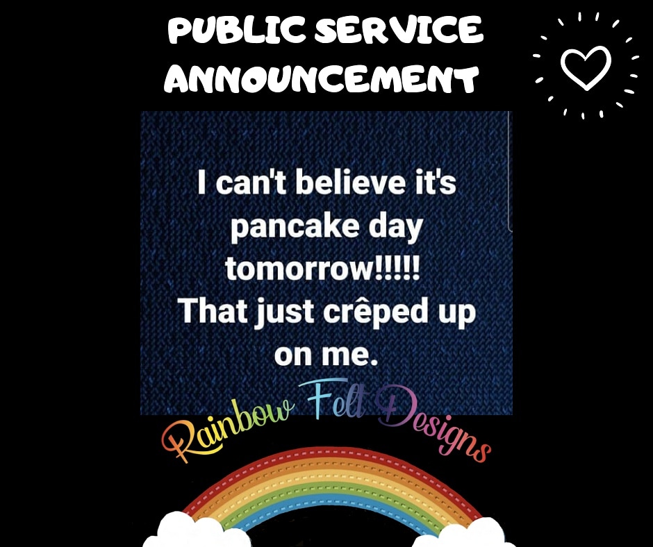 Rainbowfeltdes1's tweet photo. Happy Monday everyone! Thank you Charlotte for providing me with this weeks inspiration 🤣 Bit of a crepê joke for you all.....#findmeonfacebook #findmeonetsy #rainbowfeltdesigns #mondaymotivation #mondaymood  #mondayisntallowed #mondays #publicserviceannouncement #yourewelcome https://t.co/VsIDb9PKPF