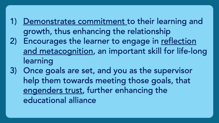 9/ So, meet with each learner & make clear you are invested in them, & all feedback is in the spirit of continuous improvement.Then, you need to co-create some goals. Doing this serves a few purposes:Demonstrates CommitmentEncourages MetacognitionEngenders Trust