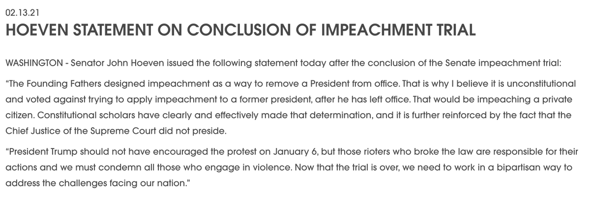 Hoeven says Trump should not have encouraged the protest. But hangs his statement on his assertion that the trial is unconstitutional, citing unnamed "constitutional scholars"