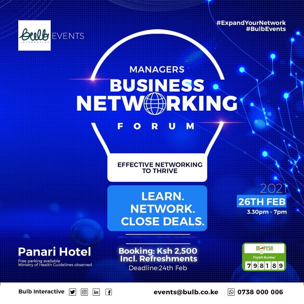 #ExpandYourBusinessNetworks

Most important aspect of any business GROWTH, is Getting new Leads. 

Meet &amp; Network with 150 business Professionals. Reserve YOUR SEAT NOW. 0734 444 608 
#ExpandYourNetwork #BulbEvents #GNI #SarahKaringi #BusinessProffessionals