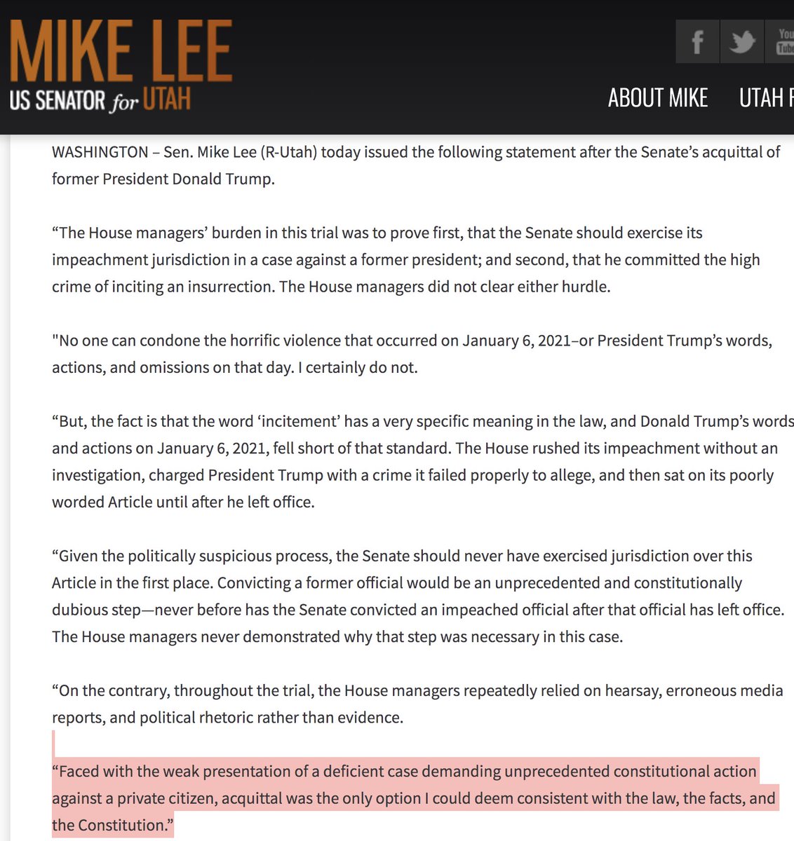 Mike Lee's statement, like Cruz's, has more legal nuance than most. He says it's constitutionally dubious whether former officials can be tried and they didn't prove incitement, and called the impeachment article "poorly worded"