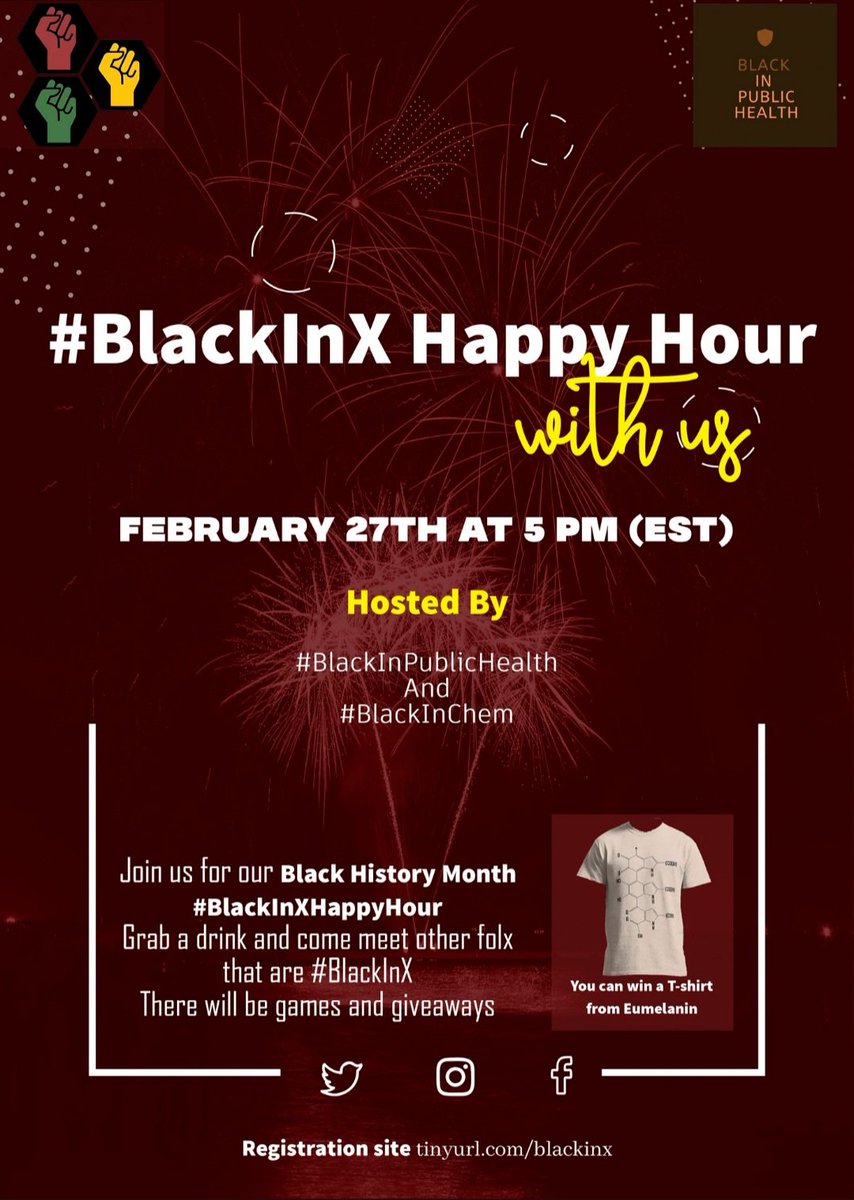 Join us for #BlackInXHappyHour hosted by #BlackInChem x #BlackInPublicHealth 

Meet us there February 27th at 5 pm! RSVP: tinyurl.com/blackinx