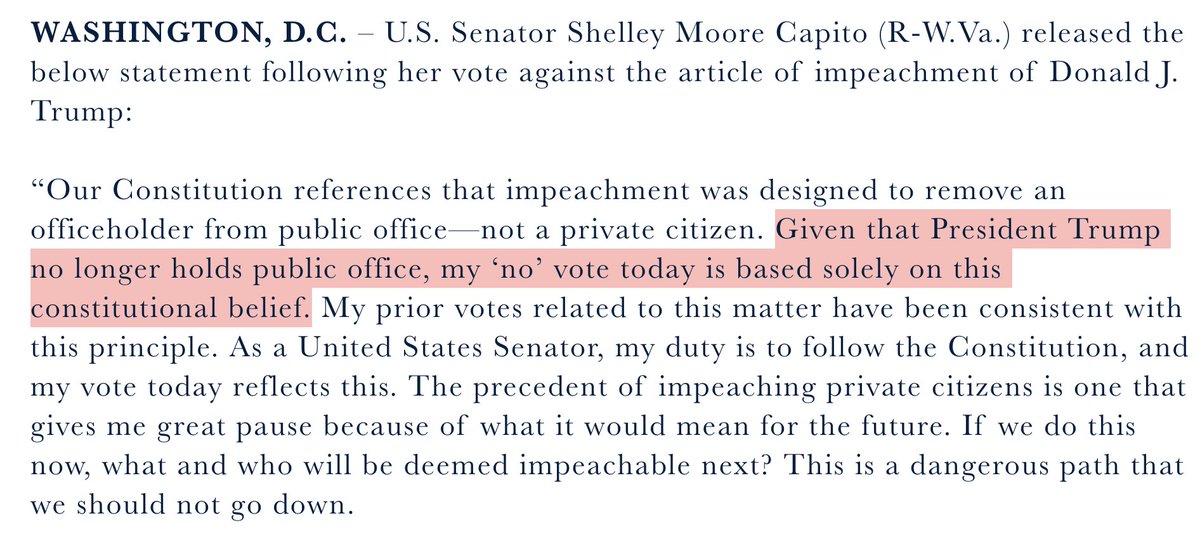 Shelley Moore Capito torches Trump, and says her not guilty vote is based "solely" on her belief the trial was unconstitutional. "The actions and reactions of President Trump were disgraceful, and history will judge him harshly."Would have been another awk vote on Jan. 19!