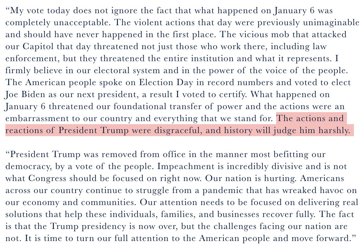 Shelley Moore Capito torches Trump, and says her not guilty vote is based "solely" on her belief the trial was unconstitutional. "The actions and reactions of President Trump were disgraceful, and history will judge him harshly."Would have been another awk vote on Jan. 19!