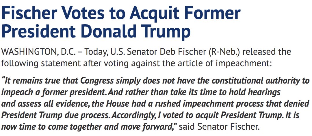 Fischer: Unconstitutional for Congress to impeach a president, but the House (which impeached him *while he was still president*) "rushed" and denied Trump due process.Too rushed AND too late.